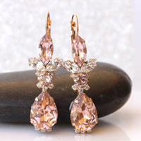Light Pink BRIDAL EARRINGS, Blush Pink Wedding Earrings, Morganite Crystal Dangle Earrings, Rose Gold Earrings, Bridesmaid Drop Earring Gift