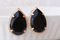 BLACK Earrings, Large Stud Earrings, Teardrop Earrings, Jet Black Crystal Earrings, Clip On Or Pierced Custom Earrings,Statement Big Earring