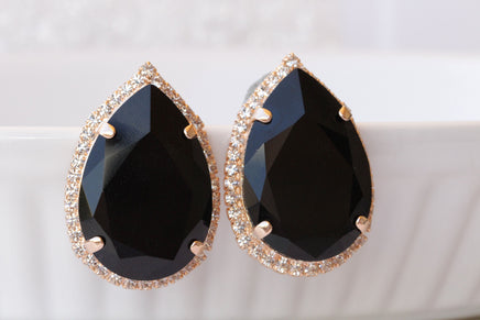 BLACK Earrings, Large Stud Earrings, Teardrop Earrings, Jet Black Crystal Earrings, Clip On Or Pierced Custom Earrings,Statement Big Earring