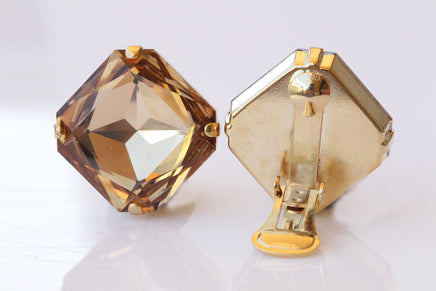 Brown Statement clip on earrings, Gold clip earrings, Square Clip on earrings, Non pierced earrings, Bride earrings, Crystal clip earrings