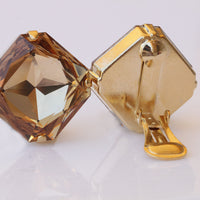 Brown Statement clip on earrings, Gold clip earrings, Square Clip on earrings, Non pierced earrings, Bride earrings, Crystal clip earrings