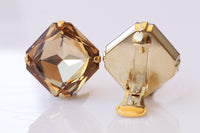 Brown Statement clip on earrings, Gold clip earrings, Square Clip on earrings, Non pierced earrings, Bride earrings, Crystal clip earrings