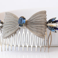 BLUE COMB HAIR ,Bow Comb hair, Bridal Hair Jewelry, Antique Silver Comb Hair, Extra Large Comb Hair, Hair Jewelry ,Wedding Comb Hair Veil