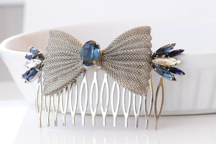 BLUE COMB HAIR ,Bow Comb hair, Bridal Hair Jewelry, Antique Silver Comb Hair, Extra Large Comb Hair, Hair Jewelry ,Wedding Comb Hair Veil