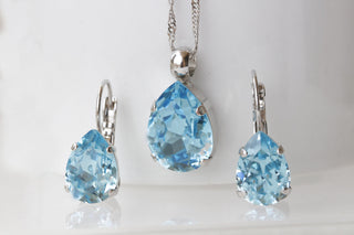 AQUAMARINE JEWELRY SET, Teardrop Simple Dainty Light Blue Aquamarine Crystals Earrings and Necklace set,  Bridal Jewelry Gift For Wedding