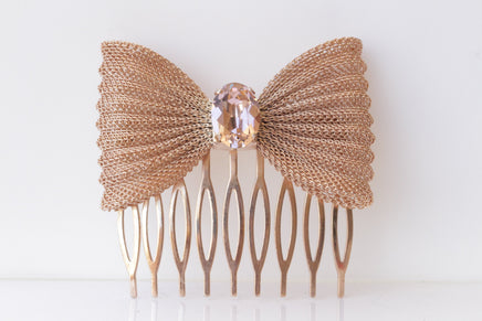 ROSE GOLD Comb Hair, Morganite Crystal Hair Comb, Blush Bow headpiece, Small Hair Accessories, Wedding Hair Veil Jewelry,  For Brides Gift