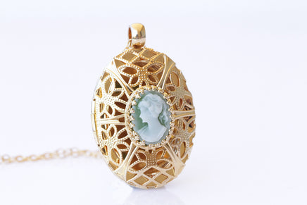 Cameo Locket Necklace, Green or Blue Cameo Gold Statement Necklace, Keepsake, Oval Locket, Gift For Her,  Photo Locket Filigree Necklace,