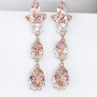 BLUSH LONG EARRINGS, Bridal Rose Gold Earrings,Statement Morganite Crystal Earrings, Light Pink Earrings,Wedding Earrings,Chandelier Earring