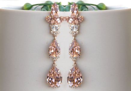 BLUSH LONG EARRINGS, Bridal Rose Gold Earrings,Statement Morganite Crystal Earrings, Light Pink Earrings,Wedding Earrings,Chandelier Earring