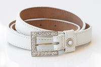 Women's Leather Belt, Rhinestone Studded belt, White Leather belt, Classic leather belt,leather belt for women thin belt, Leather Dress belt