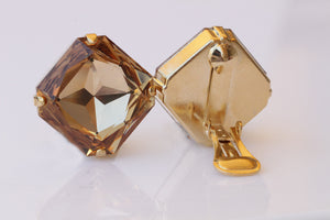 Brown Statement clip on earrings, Gold clip earrings, Square Clip on earrings, Non pierced earrings, Bride earrings, Crystal clip earrings