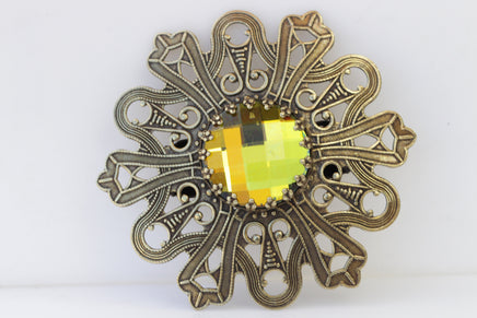 YELLOW GREEN BROOCH, Brass Brooch, Flower Vintage Brooch, Unique Brooch, Antique clothing Brooch, Coat Pin, Gift For Her, Brooch For Dress