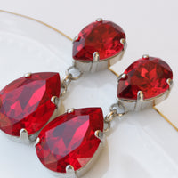 RED RUBY EARRINGS, Silver Red Crystal Earrings, Red Teardrop Earrings, Crystal Bridal Earrings,Bridesmaid Necklace Earrings Set,Red Jewelry