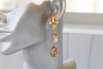 CHAMPAGNE LONG EARRINGS, Bridal Rose Gold Earrings,Statement Topaz Crystal Earrings,Light Brown Earrings,Wedding Earrings,Chandelier Earring