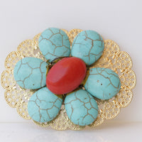 TURQUOISE And CORAL BROOCH, Flower Brooch, Vintage  Brooch, Red Coral And Blue Turquoise Brooches, Gold Brooch, Statement Pin,Large Brooch