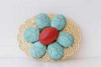 TURQUOISE And CORAL BROOCH, Flower Brooch, Vintage  Brooch, Red Coral And Blue Turquoise Brooches, Gold Brooch, Statement Pin,Large Brooch