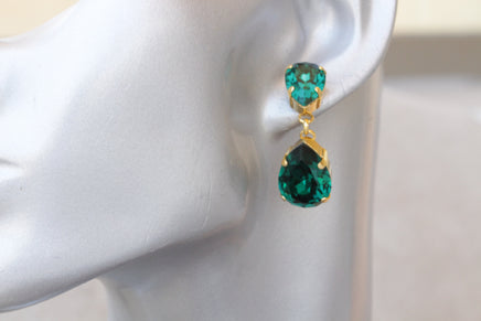 Green Emerald Drop Earrings, Gold Teardrop Emerald Crystal Earrings, Dark Green Earrings, Simple Dangle Earrings, Green Emerald Wedding Gift