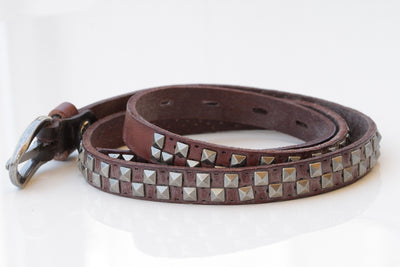 BROWN Leather belt, Metal Studs Leather belt, Boho leather belt,Thin leather belt for women, Skinny Brown and Silver belt, Narrow Jeans belt