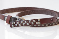 BROWN Leather belt, Metal Studs Leather belt, Boho leather belt,Thin leather belt for women, Skinny Brown and Silver belt, Narrow Jeans belt