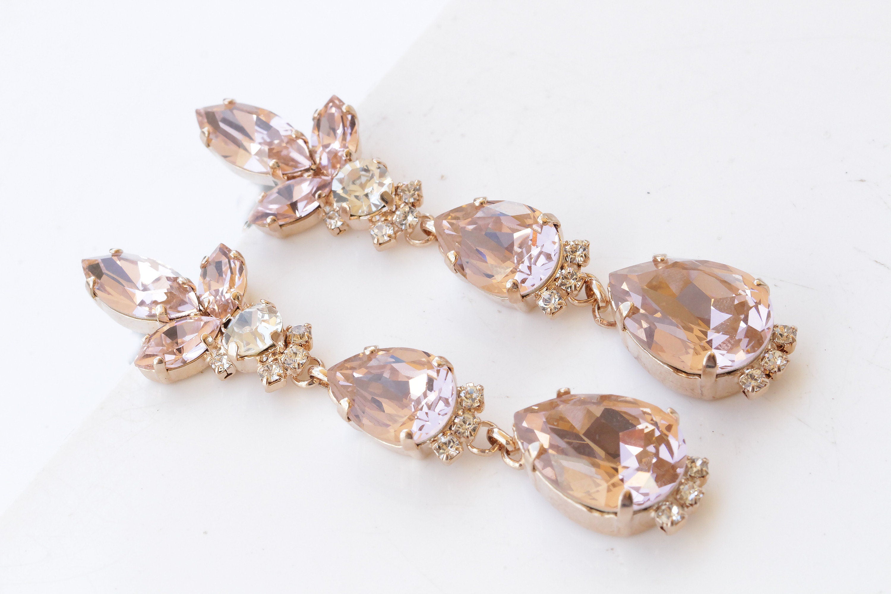 Rose Gold Drop Earrings, Crystal Bridal Earrings, Long Crystal 2024 Earrings, BRIGITTE C