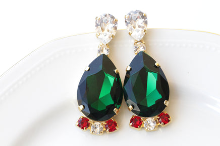 EMERALD EARRINGS, Statement Earrings Gift, Dark Green Earrings, Bridal Big Earrings, Elegant Earrings,Red And Crystal Emerald Formal Earring