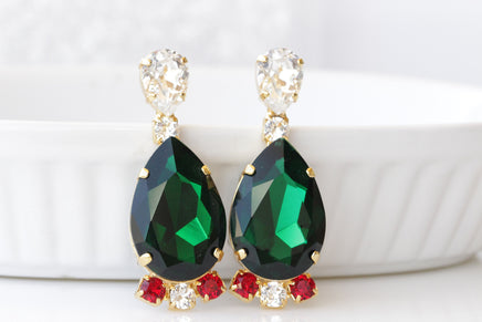 EMERALD EARRINGS, Statement Earrings Gift, Dark Green Earrings, Bridal Big Earrings, Elegant Earrings,Red And Crystal Emerald Formal Earring