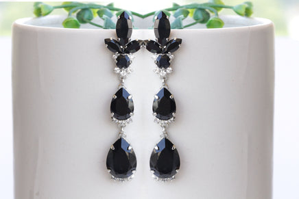 BLACK LONG EARRINGS, Mother Of The Bride Earrings, Statement Silver Crystal Earrings, Estate Earrings, Wedding Earrings, Chandelier Earring