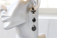 BLACK LONG EARRINGS, Mother Of The Bride Earrings, Statement Silver Crystal Earrings, Estate Earrings, Wedding Earrings, Chandelier Earring