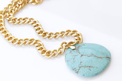 TURQUOISE NECKLACE, Real Turquoise Necklace, Long Chunky Necklace, Statement Jewelry, Gourmet Gold Necklace, Large Genuine Turquoise pendant
