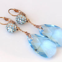 BRIDAL BLUE EARRINGS, Light Blue Earring, Teardrop Earrings, Aquamarine Crystal Rose Gold Earrings,Bride Drop Earrings, Sky Blue Wedding