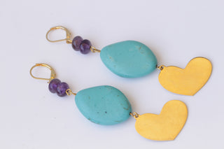 TURQUOISE AND AMETHYST Earrings, Beaded Earrings, Turquoise earrings Gold, Blue Purple earrings, Heart Shaped jewelry, gift for Girlfriend