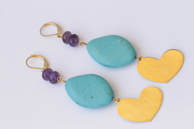 TURQUOISE AND AMETHYST Earrings, Beaded Earrings, Turquoise earrings Gold, Blue Purple earrings, Heart Shaped jewelry, gift for Girlfriend