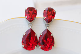 RED RUBY EARRINGS, Silver Red Crystal Earrings, Red Teardrop Earrings, Crystal Bridal Earrings,Bridesmaid Necklace Earrings Set,Red Jewelry