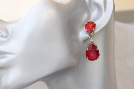 RED RUBY EARRINGS, Silver Red Crystal Earrings, Red Teardrop Earrings, Crystal Bridal Earrings,Bridesmaid Necklace Earrings Set,Red Jewelry