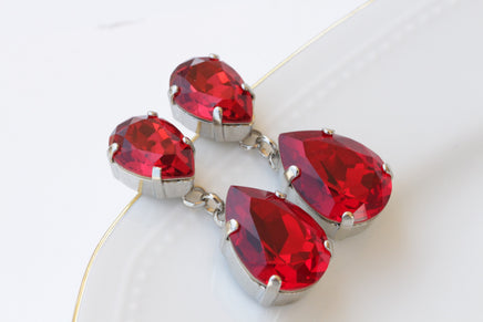 RED RUBY EARRINGS, Silver Red Crystal Earrings, Red Teardrop Earrings, Crystal Bridal Earrings,Bridesmaid Necklace Earrings Set,Red Jewelry