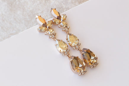 CHAMPAGNE LONG EARRINGS, Bridal Rose Gold Earrings,Statement Topaz Crystal Earrings,Light Brown Earrings,Wedding Earrings,Chandelier Earring