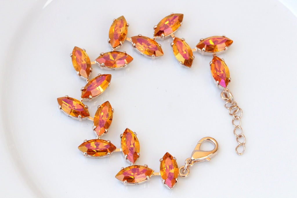 ORANGE BRACELET,  Crystal Bracelet, Summer Hot Orange Bracelet, Bridal Bracelet, Rose Gold Bracelet, Formal Chunky Bracelet, Orange Jewelry