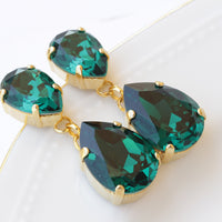 Green Emerald Drop Earrings, Gold Teardrop Emerald Crystal Earrings, Dark Green Earrings, Simple Dangle Earrings, Green Emerald Wedding Gift