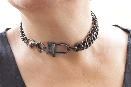 BLACK Chain choker with padlock, Collar padlock, Chunky locking choker Women, Daily Chain necklace, Padlock choker, Padlock necklace