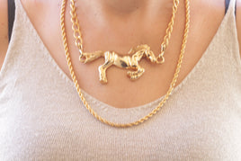 HORSE NECKLACE, Chunky Gold Horse Necklace, Layers Large Necklace, Vintage Style Horse Necklace,Animal Big Pendant,Statement Gold Rope Chain