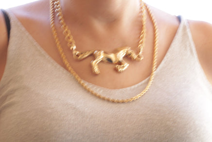 HORSE NECKLACE, Chunky Gold Horse Necklace, Layers Large Necklace, Vintage Style Horse Necklace,Animal Big Pendant,Statement Gold Rope Chain