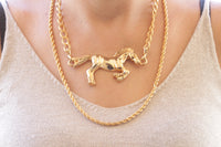 HORSE NECKLACE, Chunky Gold Horse Necklace, Layers Large Necklace, Vintage Style Horse Necklace,Animal Big Pendant,Statement Gold Rope Chain