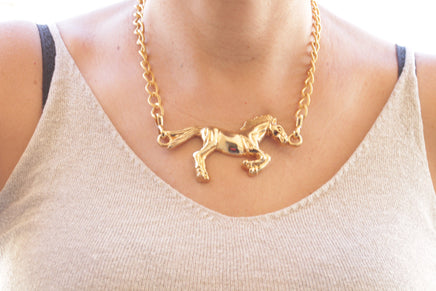 HORSE NECKLACE, Chunky Gold Horse Necklace, Layers Large Necklace, Vintage Style Horse Necklace,Animal Big Pendant,Statement Gold Rope Chain