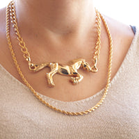 HORSE NECKLACE, Chunky Gold Horse Necklace, Layers Large Necklace, Vintage Style Horse Necklace,Animal Big Pendant,Statement Gold Rope Chain