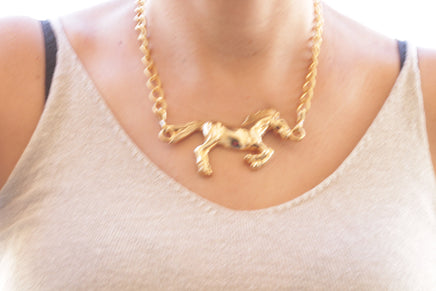 HORSE NECKLACE, Chunky Gold Horse Necklace, Layers Large Necklace, Vintage Style Horse Necklace,Animal Big Pendant,Statement Gold Rope Chain