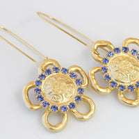 Gold And Blue earrings. Sapphire crystal earrings, Bridesmaid gifts, Dangle Flowers earrings, Women's earrings, Gold Drop earrings