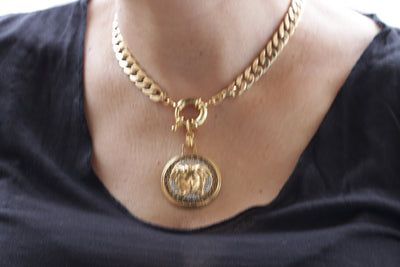 GOLD COIN NECKLACE, Chunky Necklace, Black Gold Chunky Necklace, Rhinestone Coin Necklace, Medallion Big Pendant,Statement Gold Link Choker