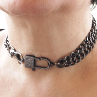 BLACK Chain choker with padlock, Collar padlock, Chunky locking choker Women, Daily Chain necklace, Padlock choker, Padlock necklace
