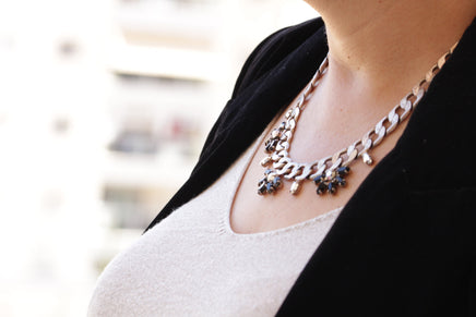 SILVER STATEMENT NECKLACE, Large Chunky Chain Link Necklace With Black Stones, Bold Choker Necklace, Black Silver Evening Necklace,Gift Idea