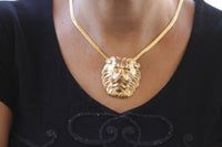 LION Necklace, Lion Women Necklace,Lion Chunky Choker, Vintage Style Lions Necklace, Gold Trendy Statement, Large Lion Pendant, Gift For her